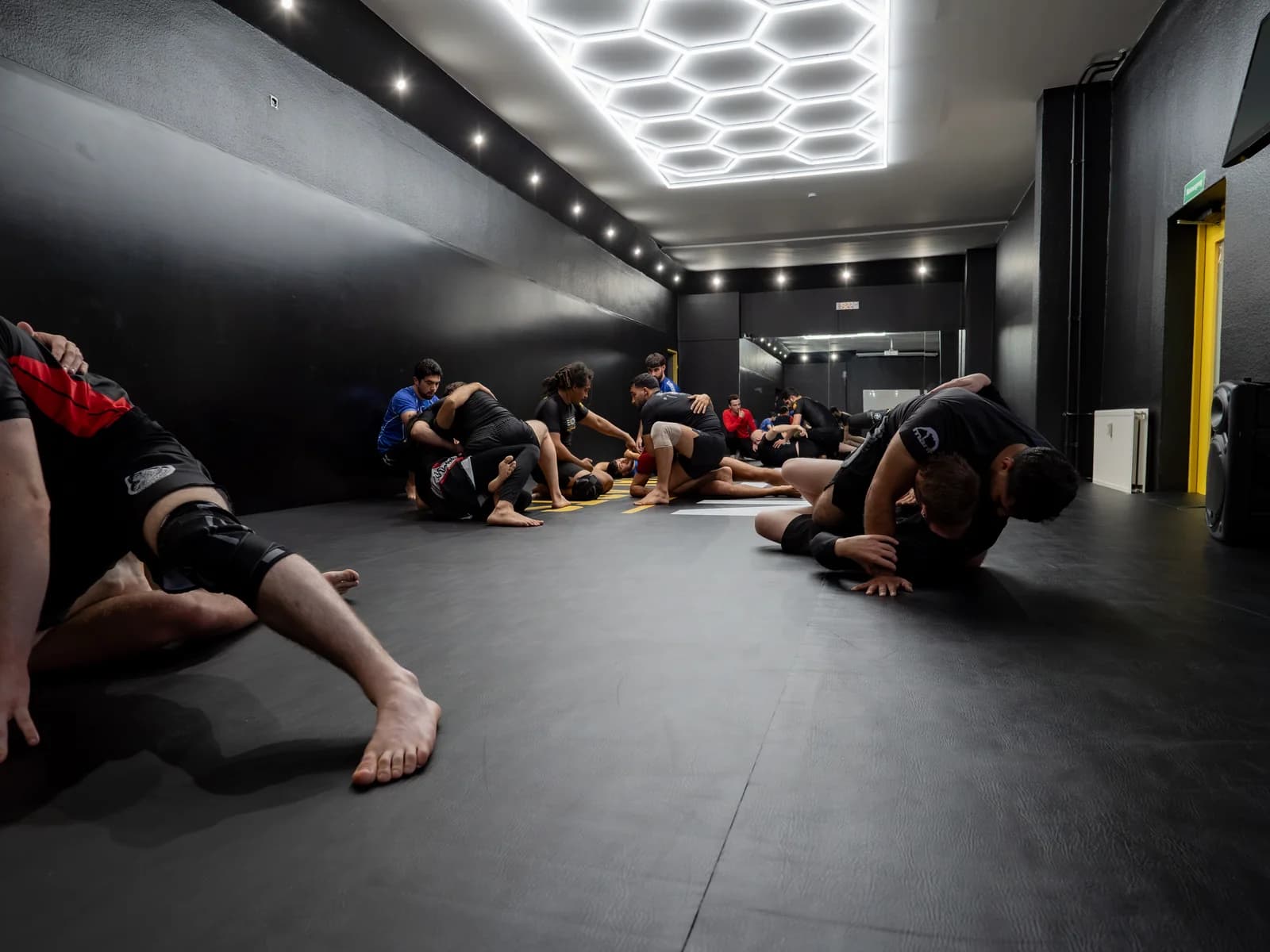 Mehrere Trainingspaare üben NoGi-BJJ auf der Matte bei EVLTN Martial Arts