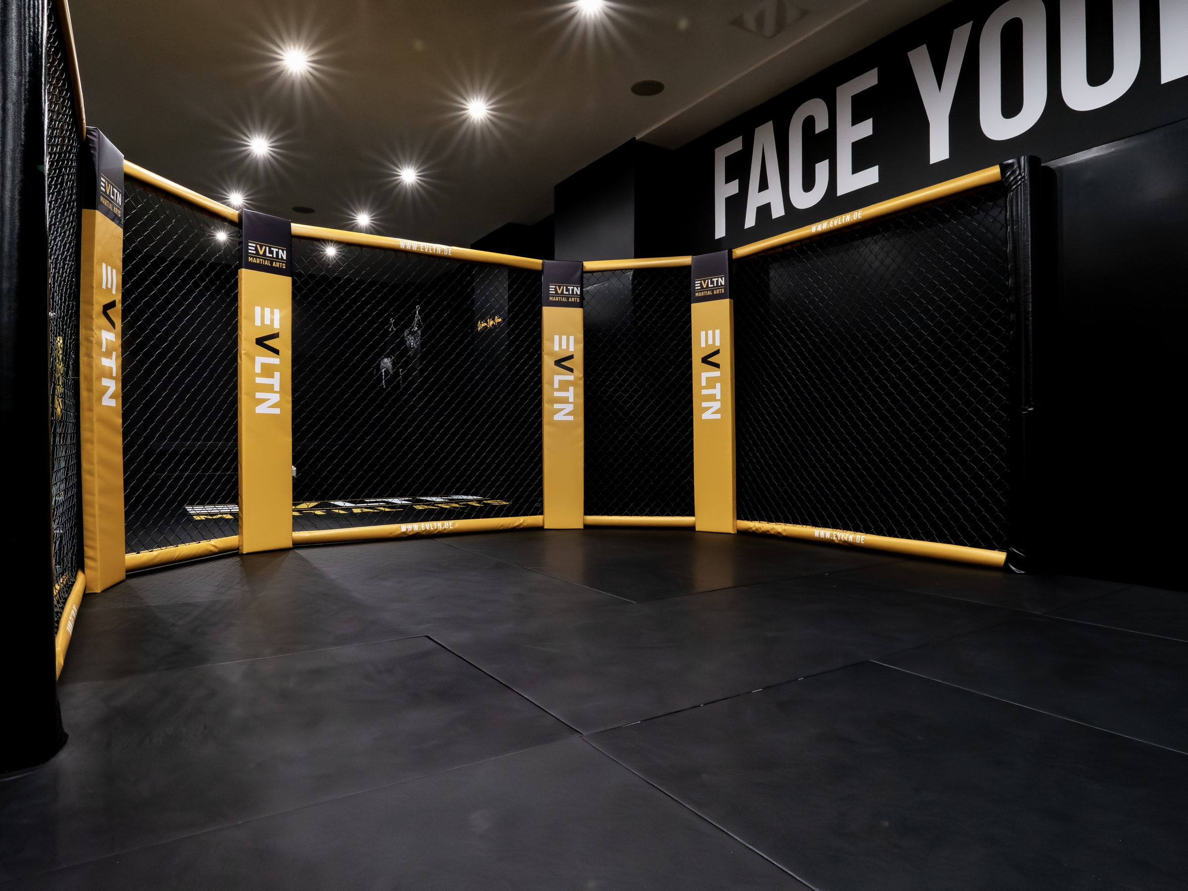Innenansicht des MMA-Cages mit gelben Polstern und schwarzer Mattenfläche im EVLTN Gym