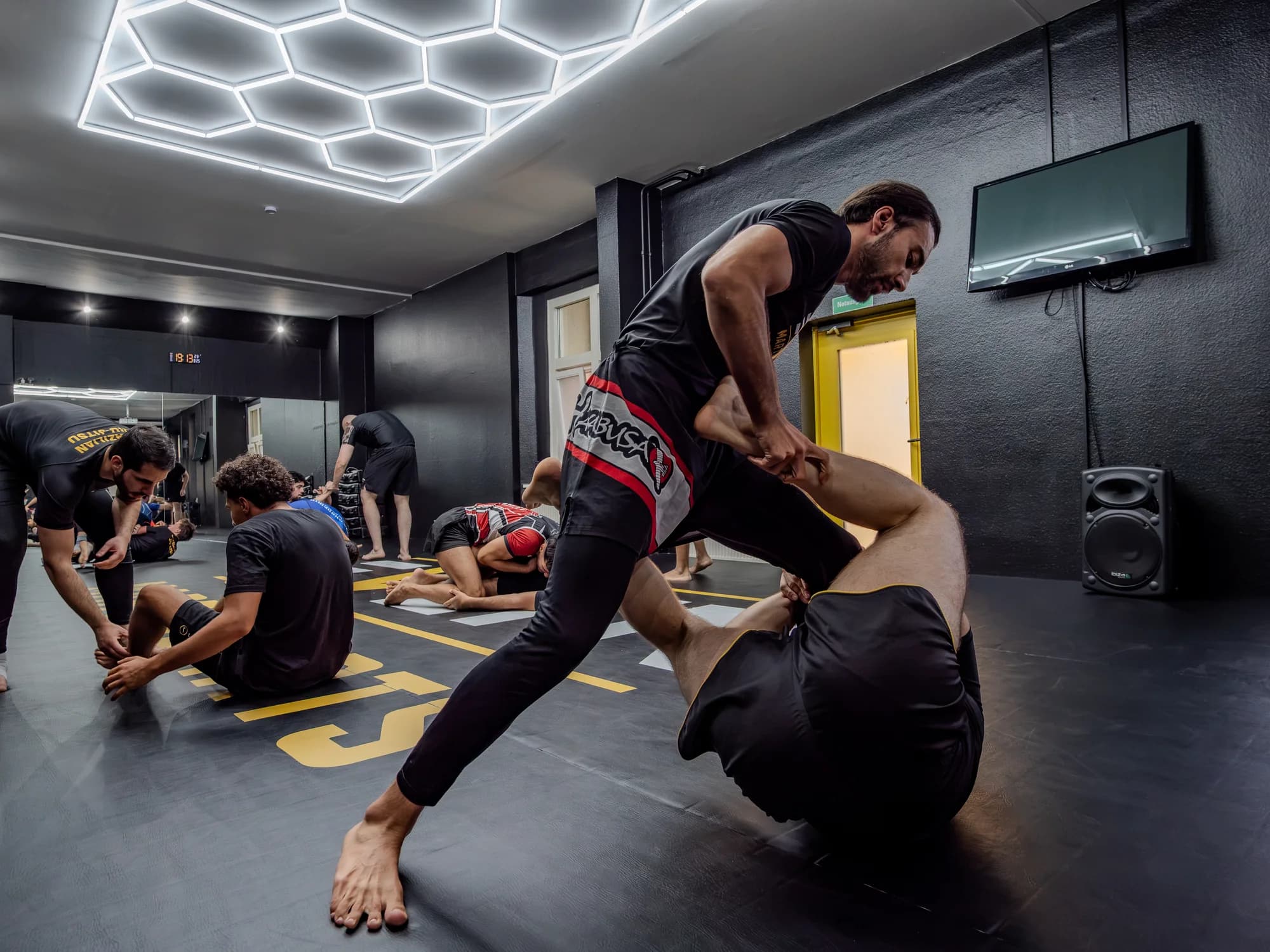 Two athletes training NoGi beneath the hexagonal lights at the EVLTN gym